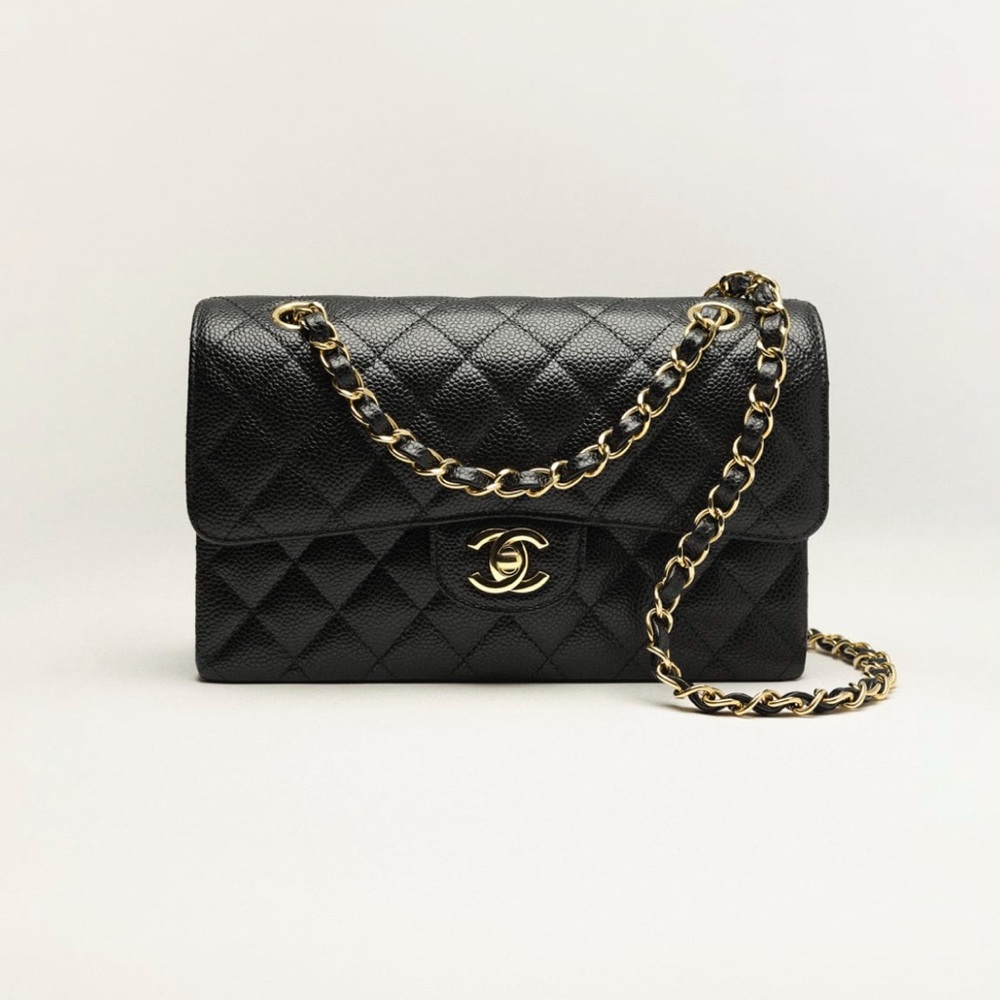 Doubla flap small size bag black leather caviar gold brand new full box